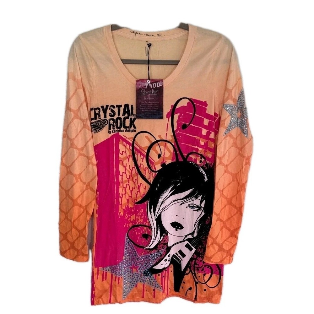 Christian Audigier Y2K Shirt Womens Large Crystal Rock Rocker Girl Top NWT D25 - Picture 2 of 8